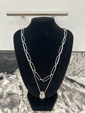 Silver Layered Paperclip Necklace with Teardrop Pendant